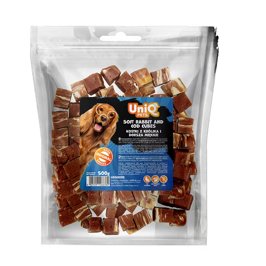 UniQ mekane kockice od zečetine i bakalara, pakovanje 500 g, hipoalergena poslastica