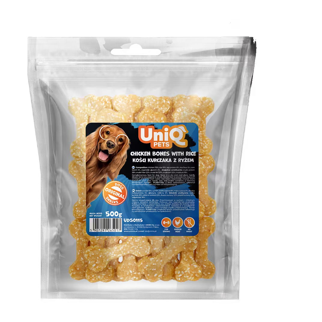 UniQ kosti od piletine sa pirinčem za pse, pakovanje 500 g, lako svarljiva žvakalica