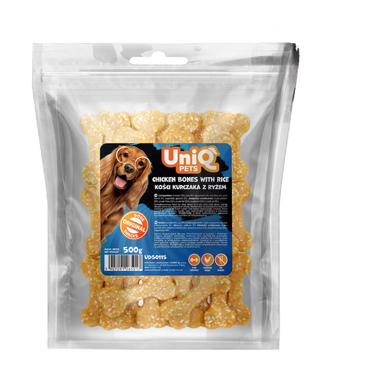 UniQ kosti od piletine sa pirinčem za pse, pakovanje 500 g, lako svarljiva žvakalica