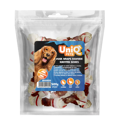 UniQ čvoraste kosti od sirove kože sa pačetinom, pakovanje 500 g, dentalna žvakalica