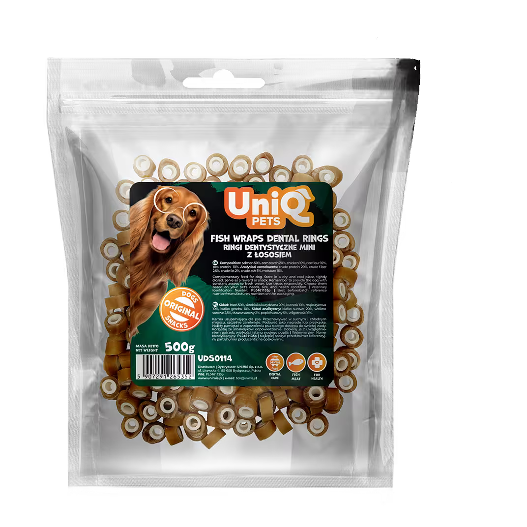 UniQ losos obmotan oko dentalne cevi za pse, pakovanje 500 g, hipoalergena dentalna poslastica