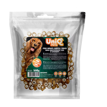 UniQ poslastice za pse, 500g, losos obmotan oko dentalne cevi