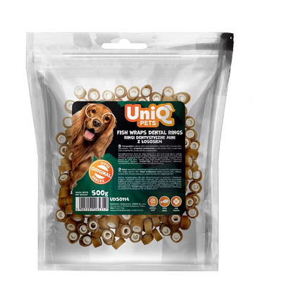 UniQ losos obmotan oko dentalne cevi za pse, pakovanje 500 g, hipoalergena dentalna poslastica