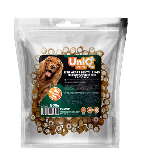 UniQ losos obmotan oko dentalne cevi za pse, pakovanje 500 g, hipoalergena dentalna poslastica