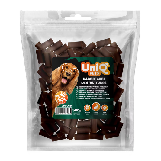UniQ mini dentalne cevi od zečetine za pse, pakovanje 500 g, hipoalergena dentalna poslastica