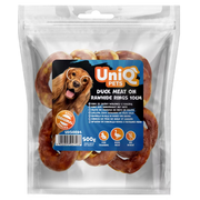 UniQ poslastice za pse, 500g, pačetina na prstenovima od sirove kože
