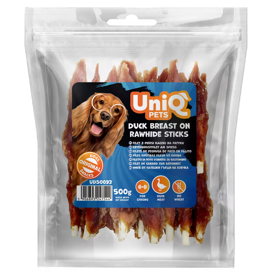 UniQ pačja prsa na štapićima od sirove kože, pakovanje 500 g, hipoalergena žvakalica