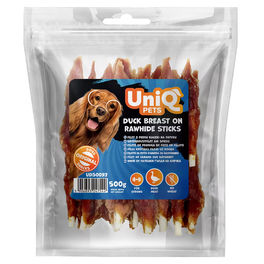 UniQ pačja prsa na štapićima od sirove kože, pakovanje 500 g, hipoalergena žvakalica