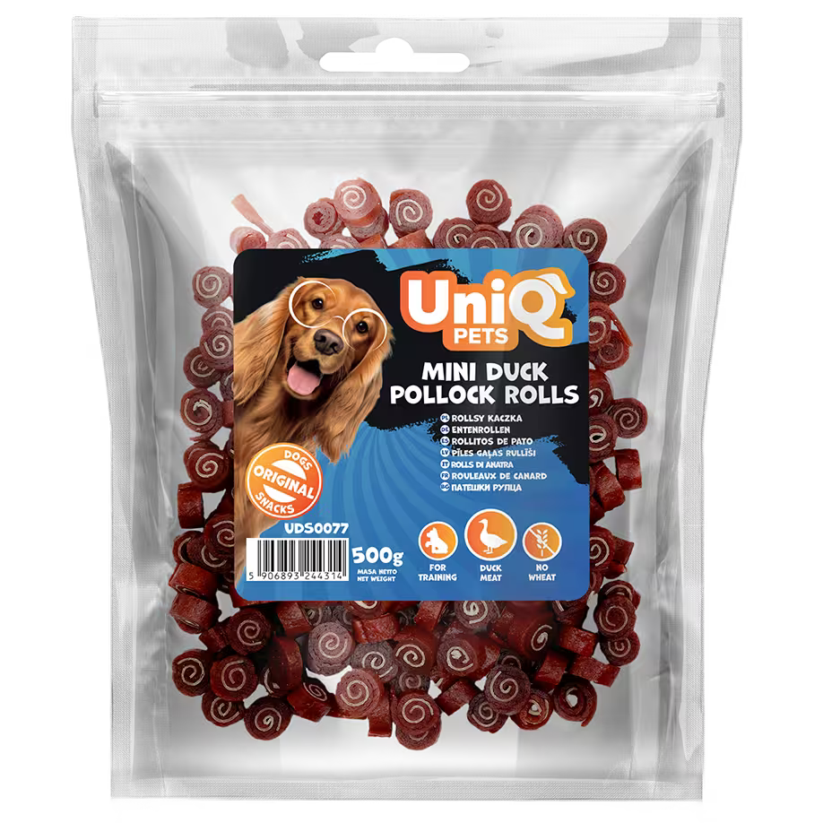UniQ poslastice za pse, mini rolnice od pačetine i bakalara, pakovanje 500 g, bogato omega-3 kiselinama