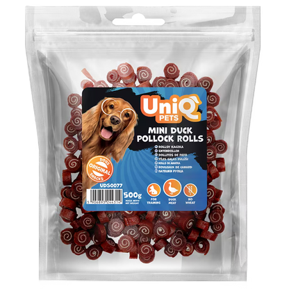 UniQ poslastice za pse, mini rolnice od pačetine i bakalara, pakovanje 500 g, bogato omega-3 kiselinama