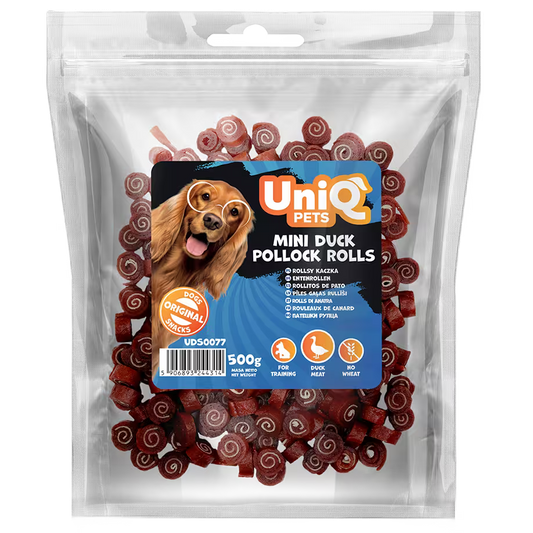 UniQ poslastice za pse, mini rolnice od pačetine i bakalara, pakovanje 500 g, bogato omega-3 kiselinama