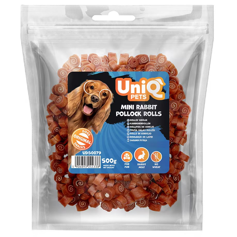 UniQ poslastice za pse, mini rolnice od zečetine i bakalara, pakovanje 500 g, hipoalergena poslastica