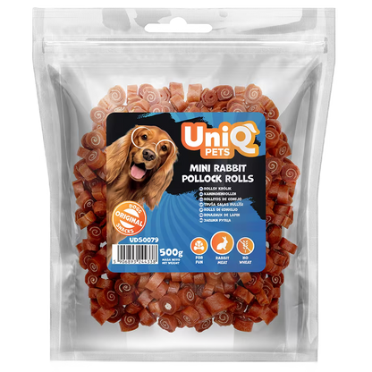 UniQ poslastice za pse, mini rolnice od zečetine i bakalara, pakovanje 500 g, hipoalergena poslastica
