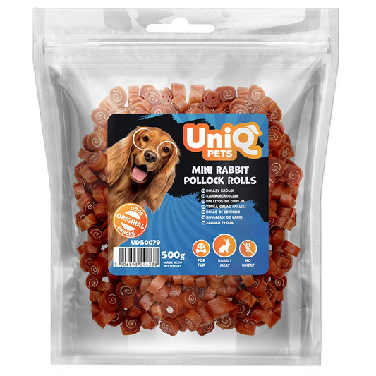 UniQ poslastice za pse, mini rolnice od zečetine i bakalara, pakovanje 500 g, hipoalergena poslastica