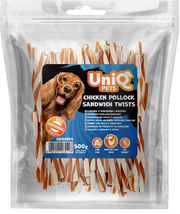 UniQ poslastice za pse, 500g, sendvič-uvijeni štapići od piletine i bakalara