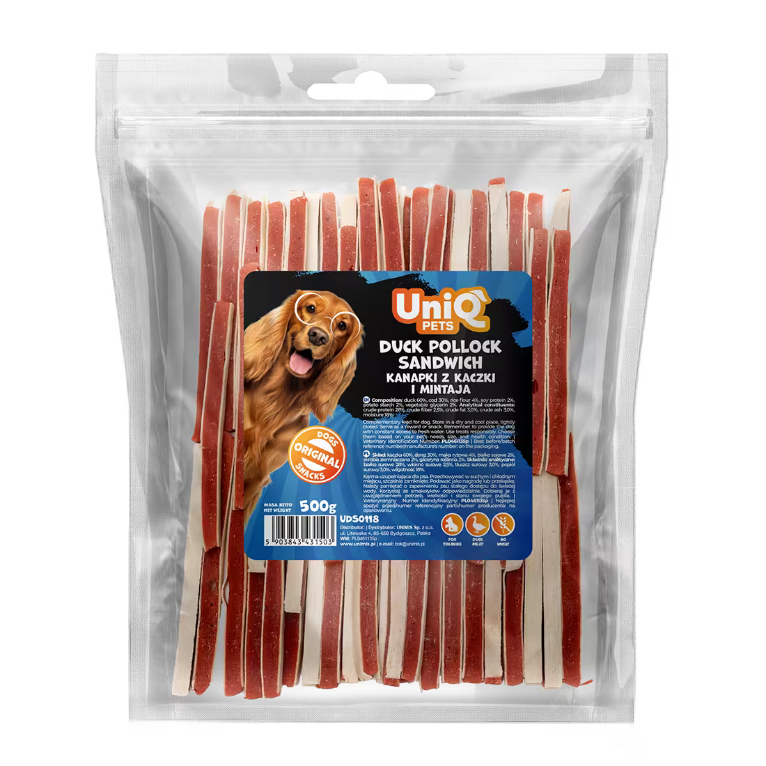 UniQ sendvič od pačetine i bakalara za pse, pakovanje 500 g, pleteni oblik, omega-3