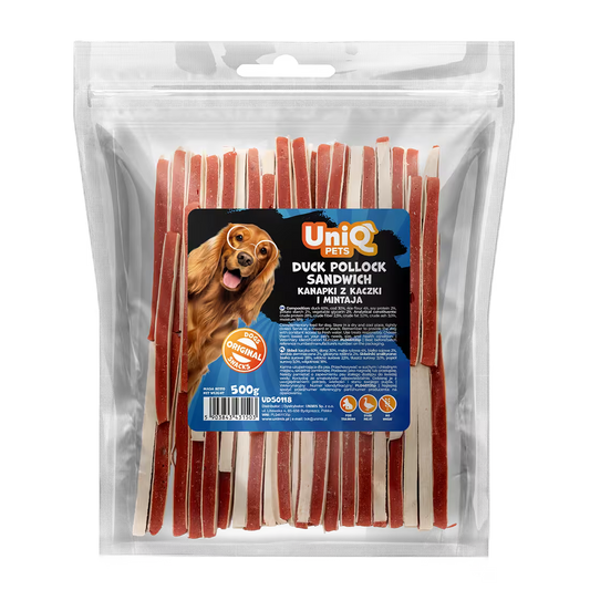 UniQ sendvič od pačetine i bakalara za pse, pakovanje 500 g, pleteni oblik, omega-3