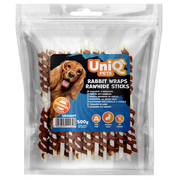UniQ poslastice za pse, 500g, štapići od sirove kože obmotani zečetinom