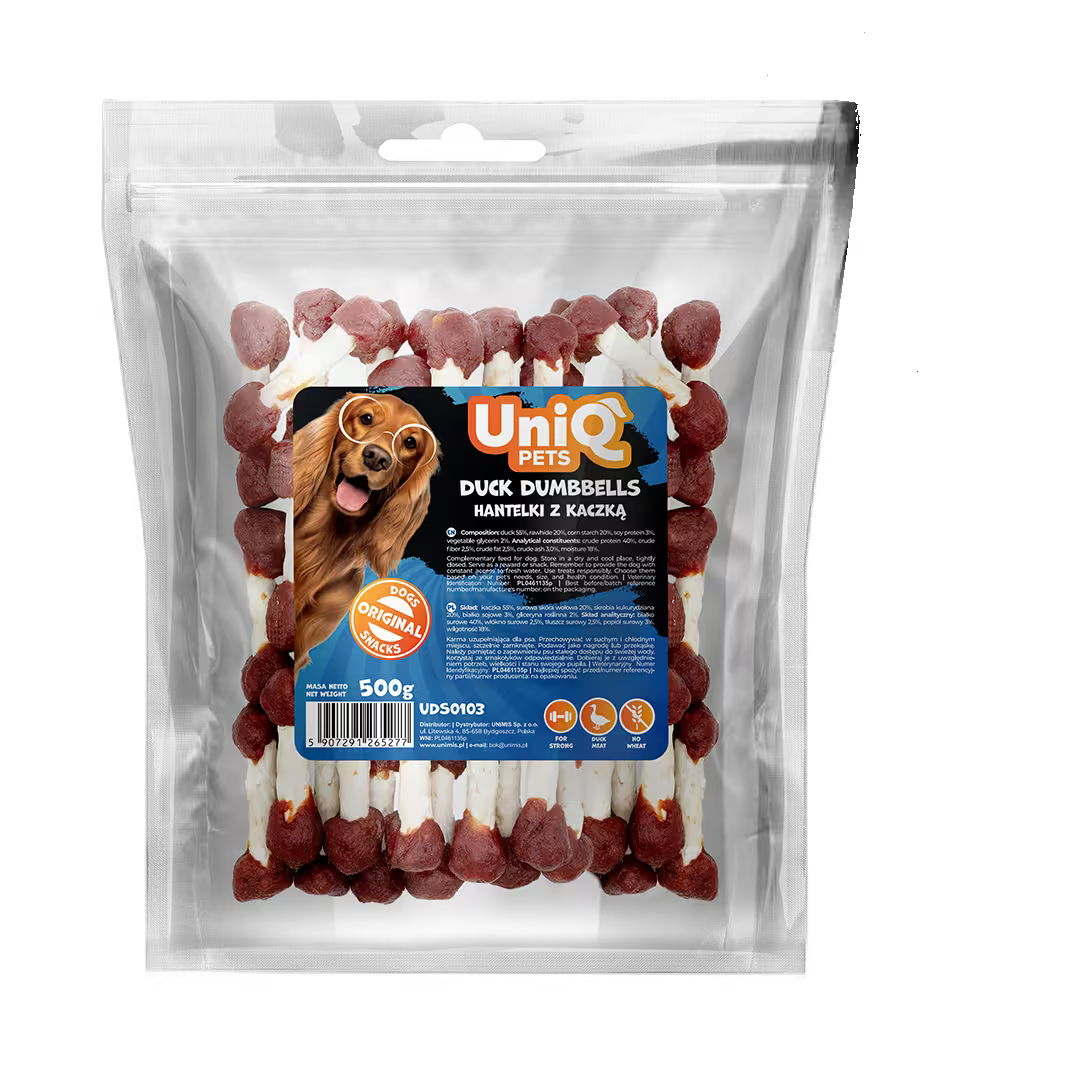 UniQ tegići od sirove kože sa pačetinom, pakovanje 500 g, dentalna poslastica u obliku bučice