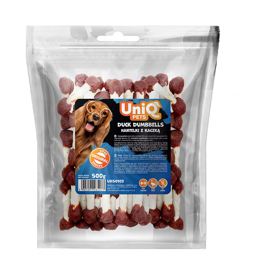 UniQ tegići od sirove kože sa pačetinom, pakovanje 500 g, dentalna poslastica u obliku bučice