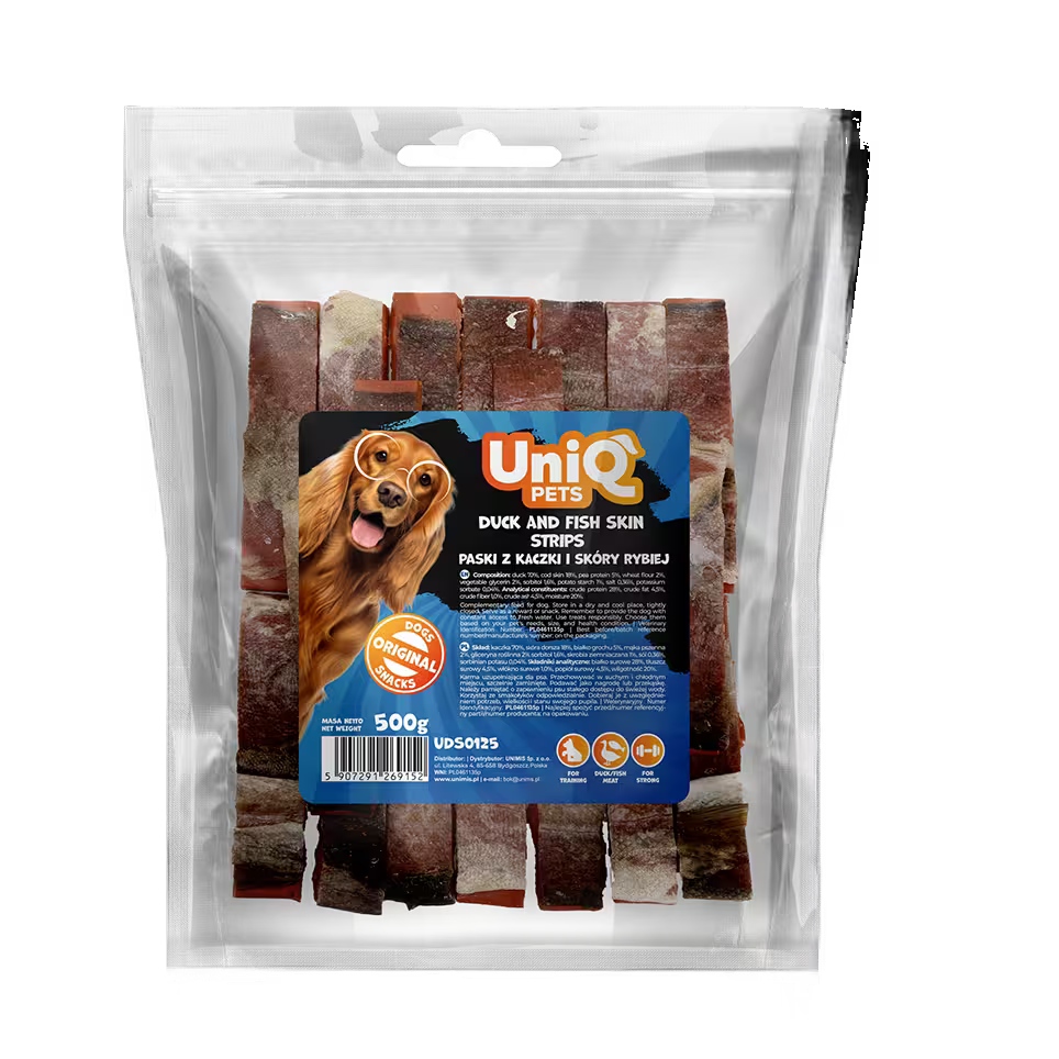 UniQ trakice od pačetine i riblje kože za pse, pakovanje 500 g, omega-3 EPA i DHA