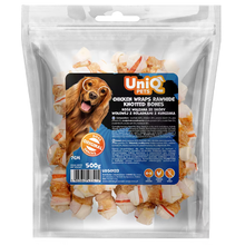 UniQ poslastice za pse, 500g, vezana kost od sirove kože sa rolnicama od piletine (7cm)