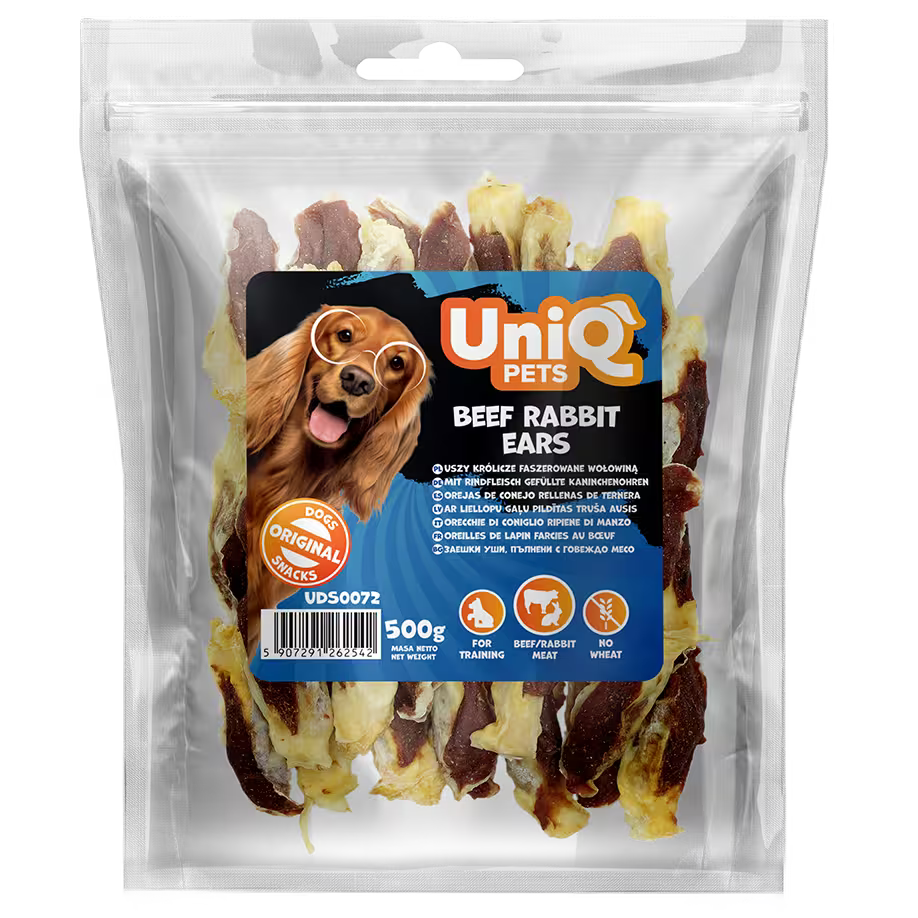 UniQ zečje uši sa govedinom za pse, pakovanje 500 g, hrskava dentalna poslastica
