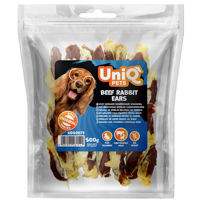 UniQ zečje uši sa govedinom za pse, pakovanje 500 g, hrskava dentalna poslastica