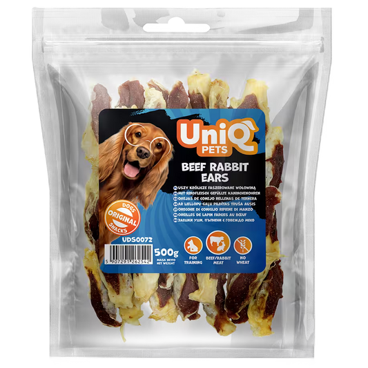 UniQ zečje uši sa govedinom za pse, pakovanje 500 g, hrskava dentalna poslastica