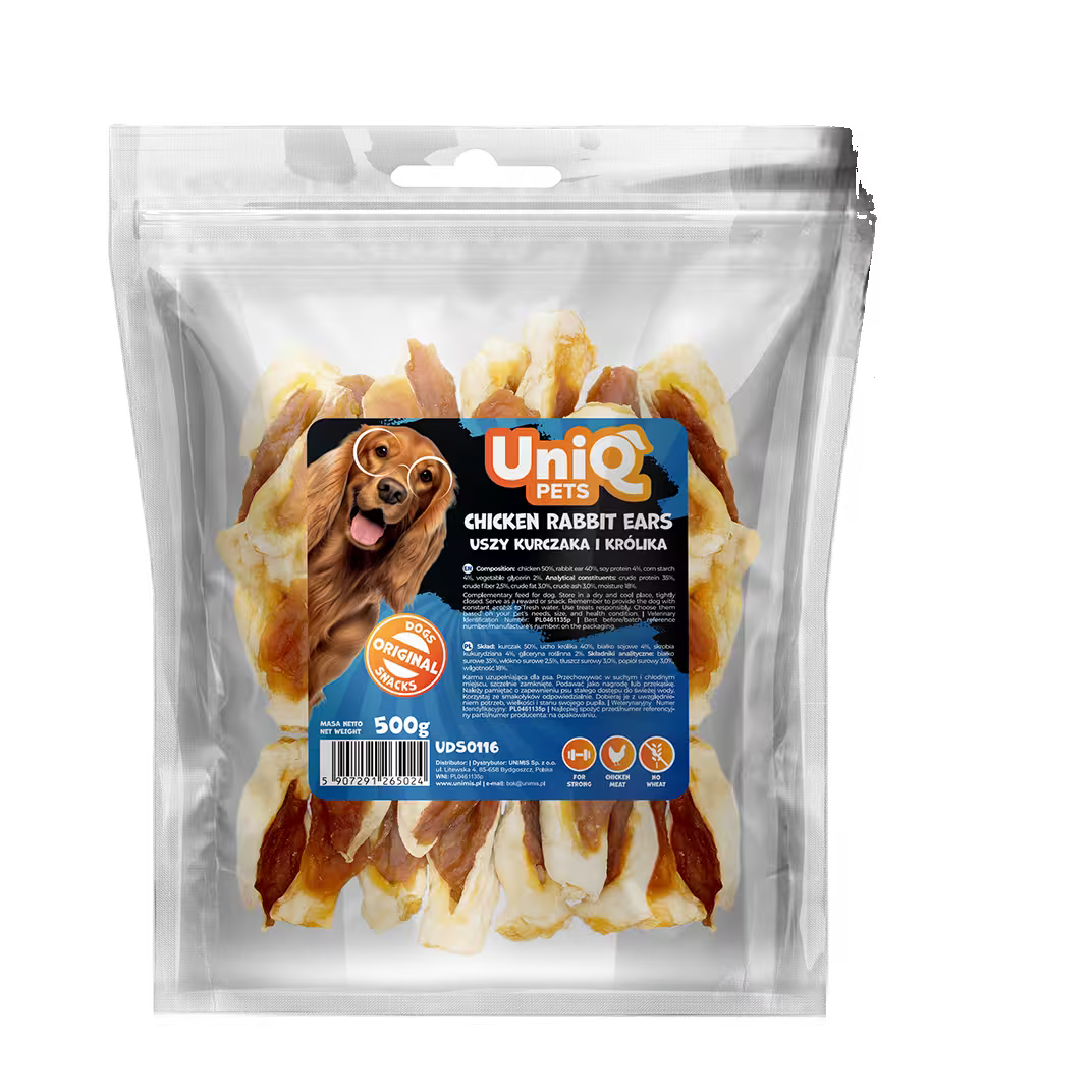 UniQ zečje uši sa piletinom za pse, pakovanje 500 g, prirodna dentalna nega