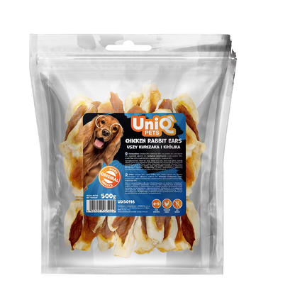 UniQ zečje uši sa piletinom za pse, pakovanje 500 g, prirodna dentalna nega