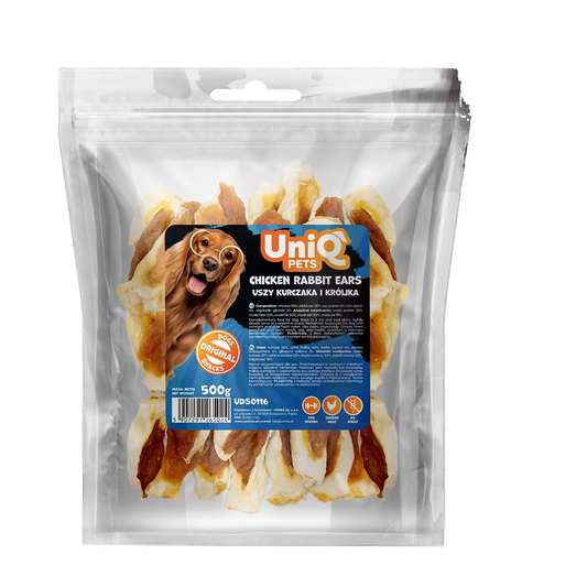 UniQ zečje uši sa piletinom za pse, pakovanje 500 g, prirodna dentalna nega