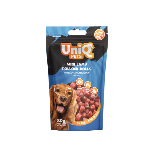 UniQ mini rolnice od jagnjetine i bakalara za pse, hipoalergena poslastica bogata omega-3 kiselinama