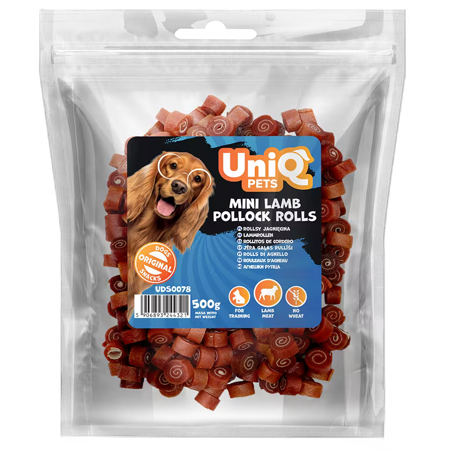 UniQ mini rolnice od jagnjetine i bakalara za pse, hipoalergena poslastica bogata omega-3 kiselinama