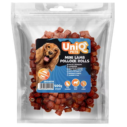 UniQ mini rolnice od jagnjetine i bakalara za pse, hipoalergena poslastica bogata omega-3 kiselinama