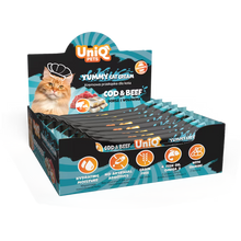 UniQ vlažne poslastice 15g×50 kom, kremasta poslastica za mačke, bakalar i govedina