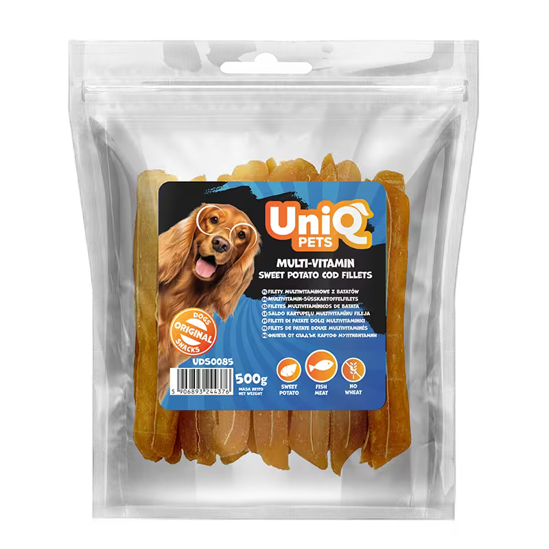 UniQ poslastice za pse, 500g, multivitaminski fileti od batata i bakalara