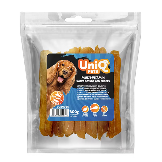 UniQ poslastice za pse, 500g, multivitaminski fileti od batata i bakalara