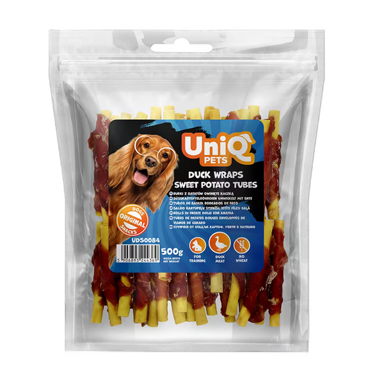 UniQ poslastice za psa, 500 g, rolnice od pačetine sa batatom u obliku cevi