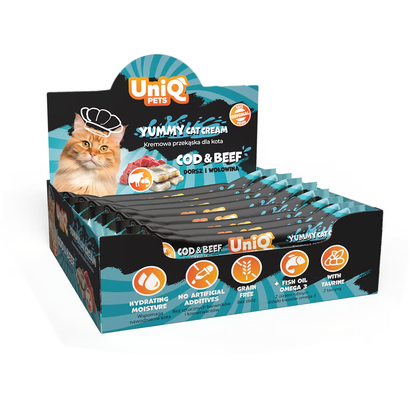 UniQ vlažne poslastice 15g×50 kom, kremasta poslastica za mačke, bakalar i govedina