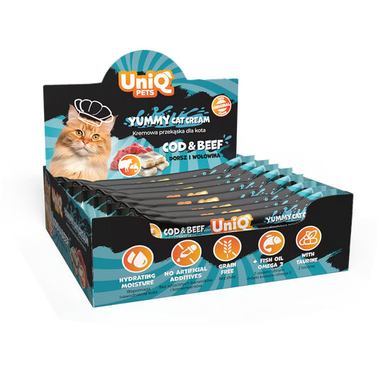 UniQ vlažne poslastice 15g×50 kom, kremasta poslastica za mačke, bakalar i govedina
