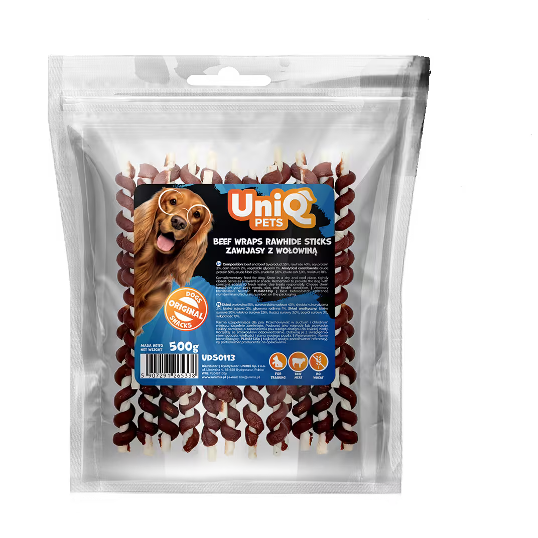 UniQ poslastice za pse, 500g, štapići od sirove kože obmotani govedinom