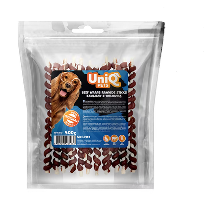 UniQ poslastice za pse, 500g, štapići od sirove kože obmotani govedinom