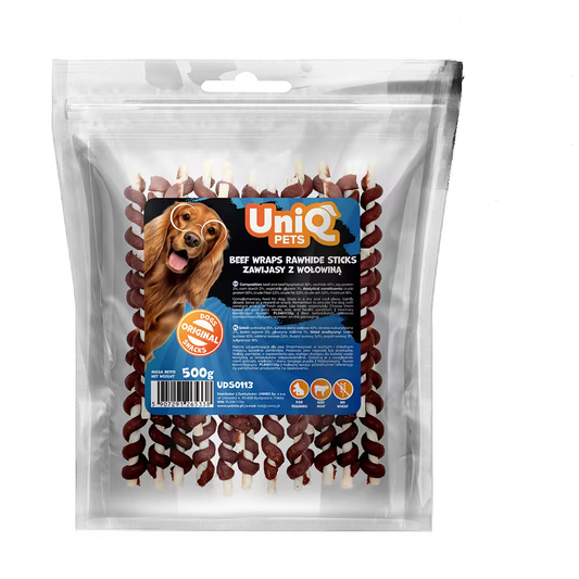 UniQ poslastice za pse, 500g, štapići od sirove kože obmotani govedinom