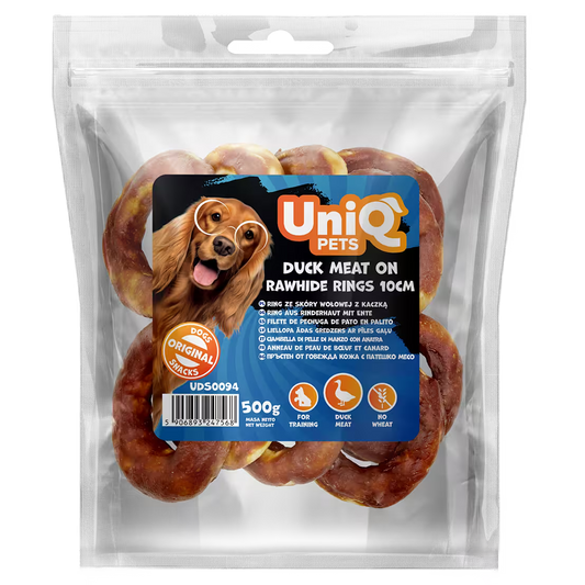 UniQ poslastice za pse, 500g, pačetina na prstenovima od sirove kože