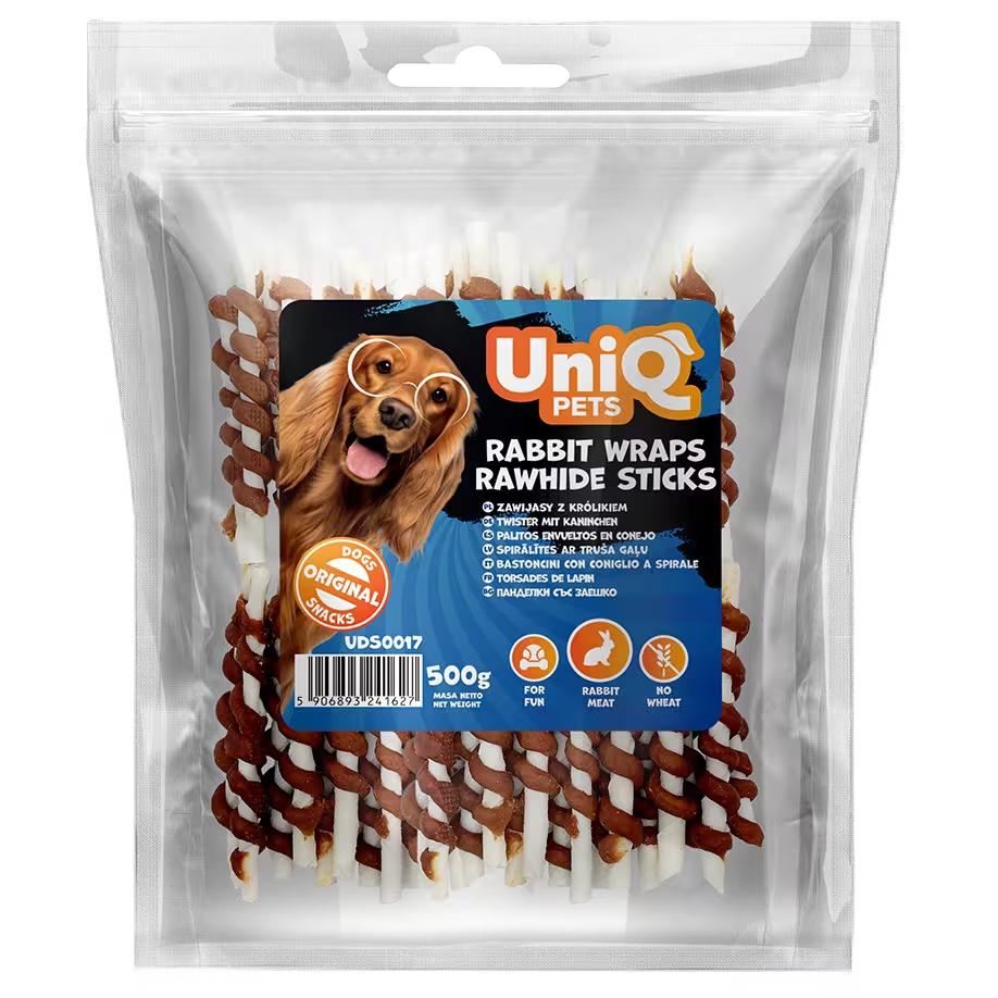 UniQ poslastice za pse, 500g, štapići od sirove kože obmotani zečetinom