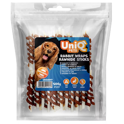 UniQ poslastice za pse, 500g, štapići od sirove kože obmotani zečetinom
