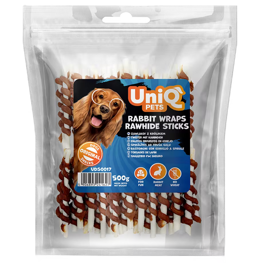UniQ poslastice za pse, 500g, štapići od sirove kože obmotani zečetinom