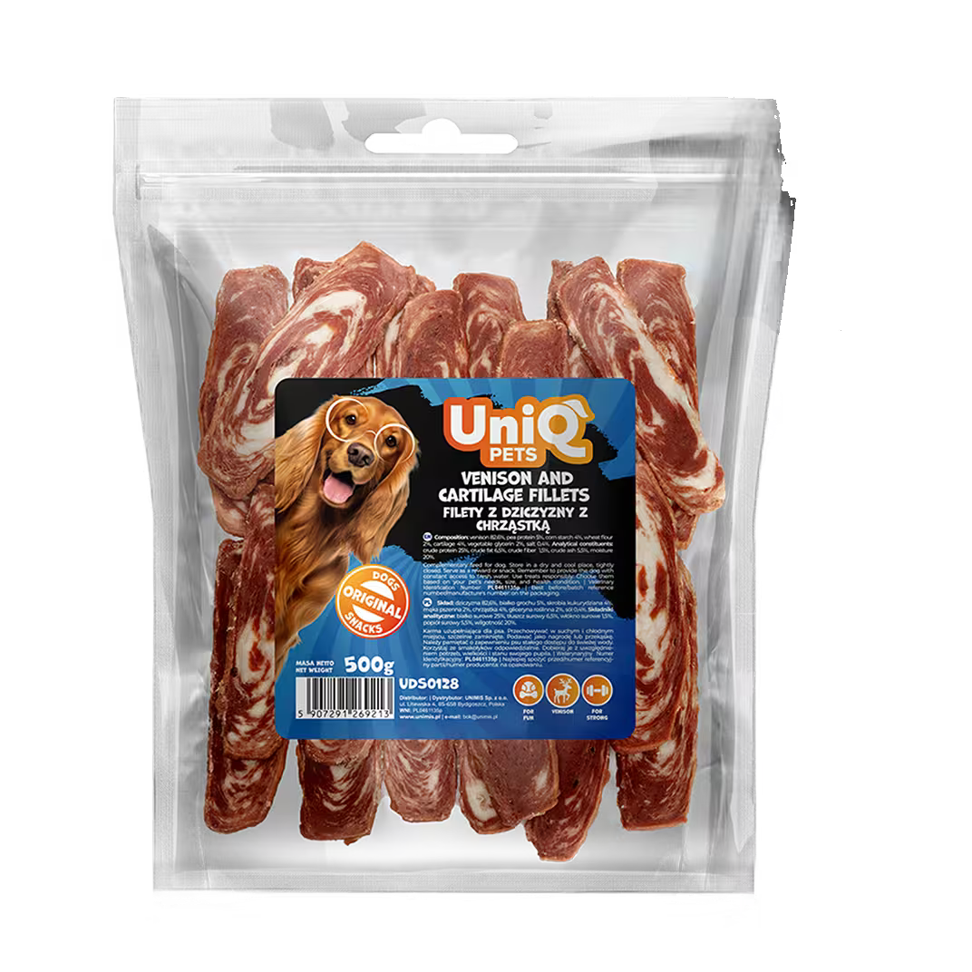 UniQ poslastice za pse, 500g, fileti od mesa divljači (jelena) i hrskavice