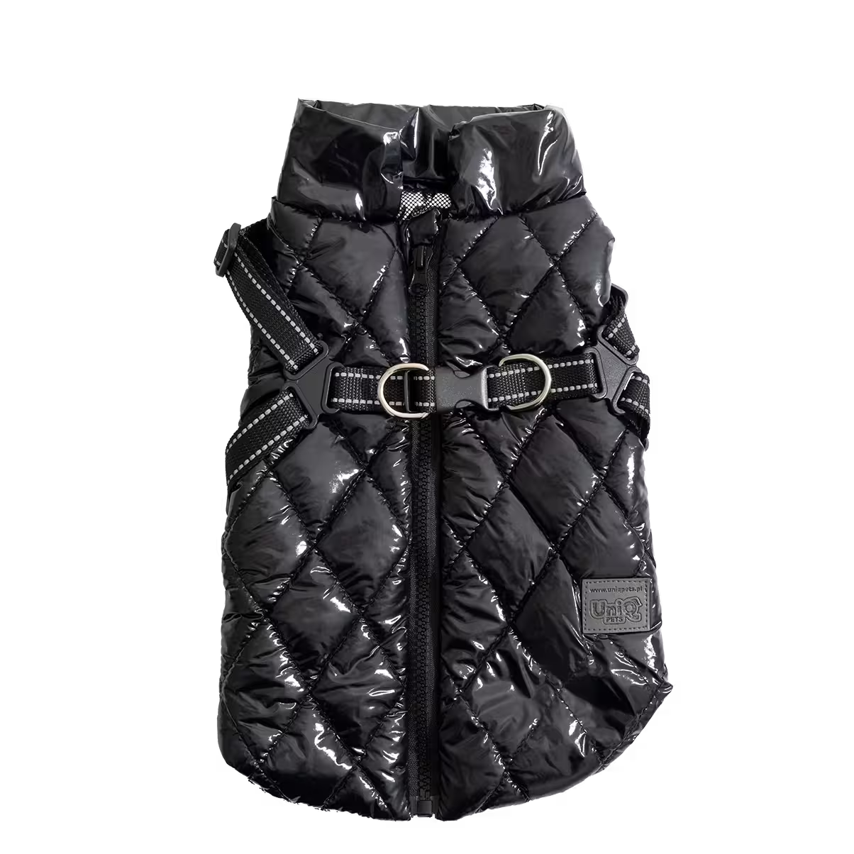 UniQ odeća za kućne ljubimce, PU zimski prsluk sa ugrađenim pojasom i reflektujućim detaljima, crna